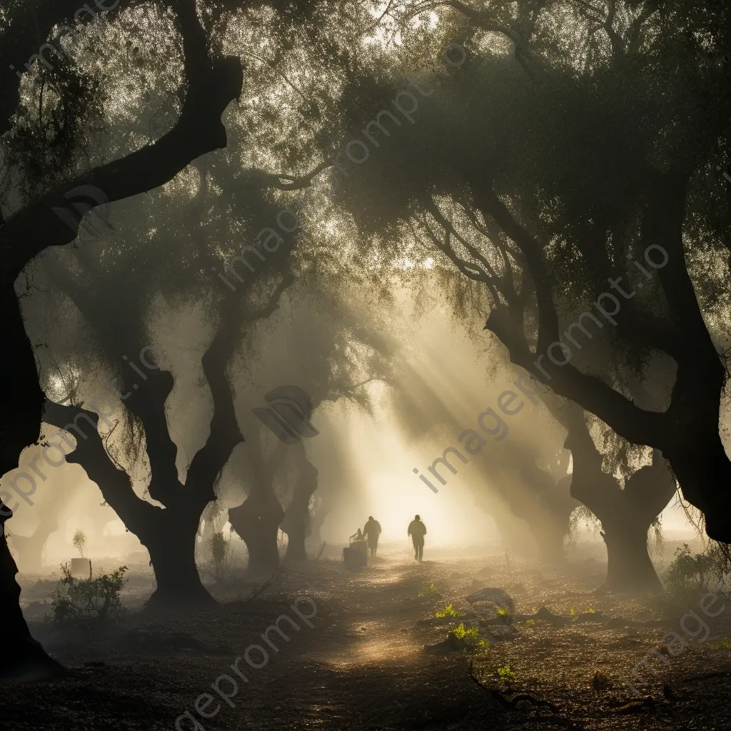 Harvesters in a foggy cork oak grove at dawn - Image 1