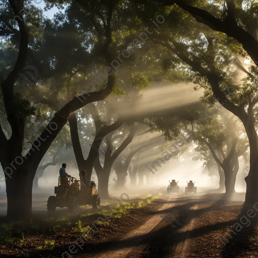 Harvesters in a foggy cork oak grove at dawn - Image 2