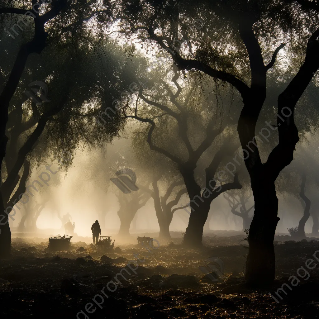 Harvesters in a foggy cork oak grove at dawn - Image 4