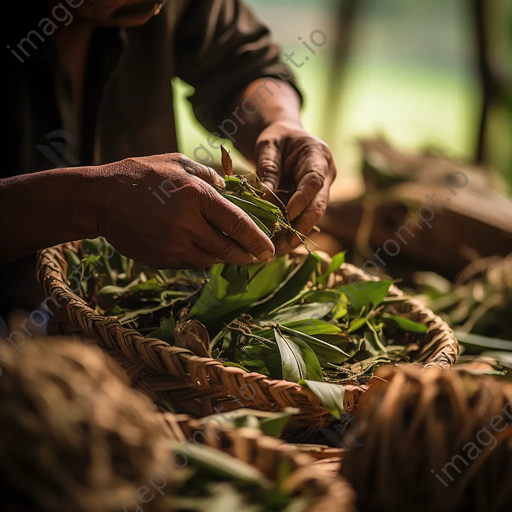 Artisan selecting natural materials for weaving - Image 1