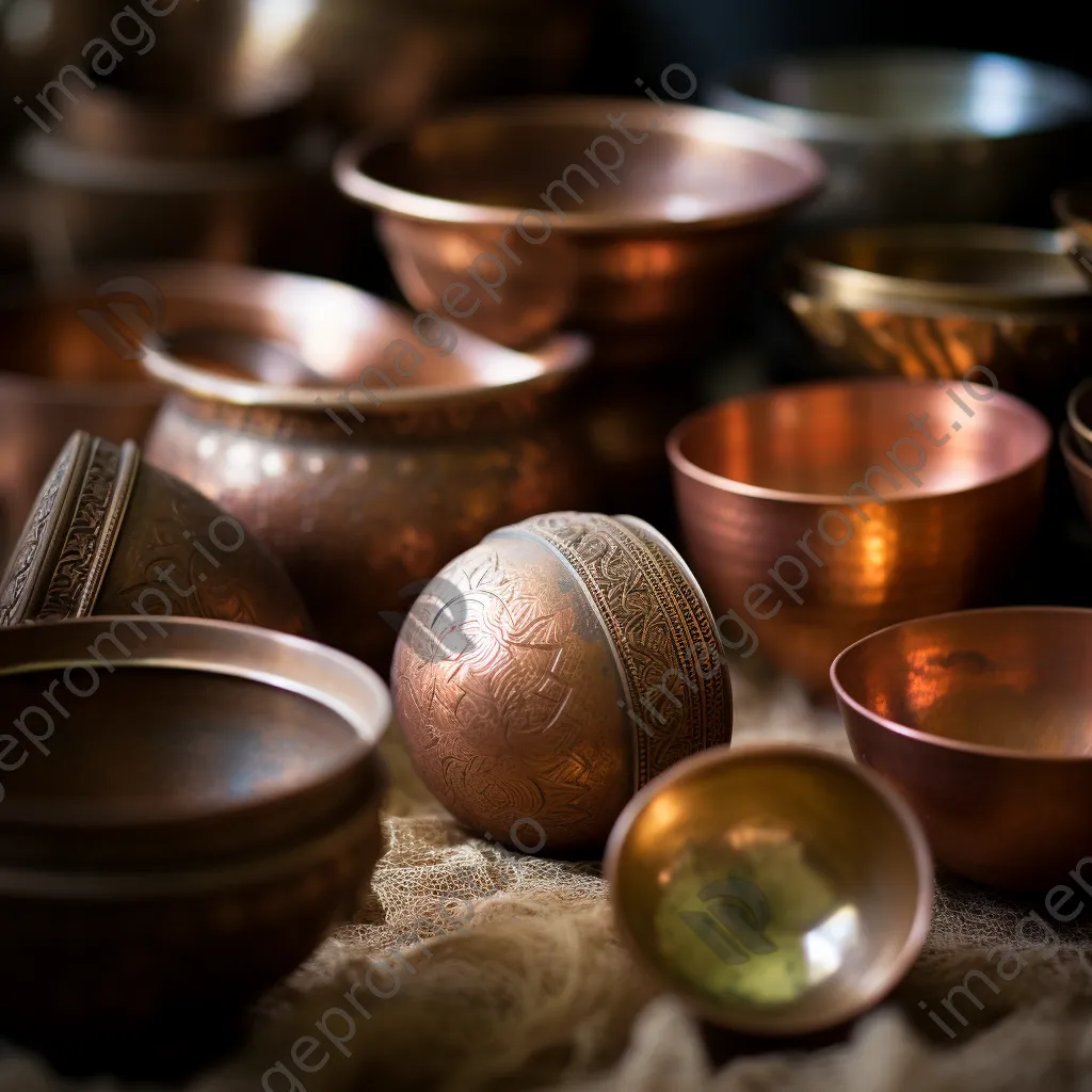 Arranged collection of traditional copper cookware in natural light - Image 1