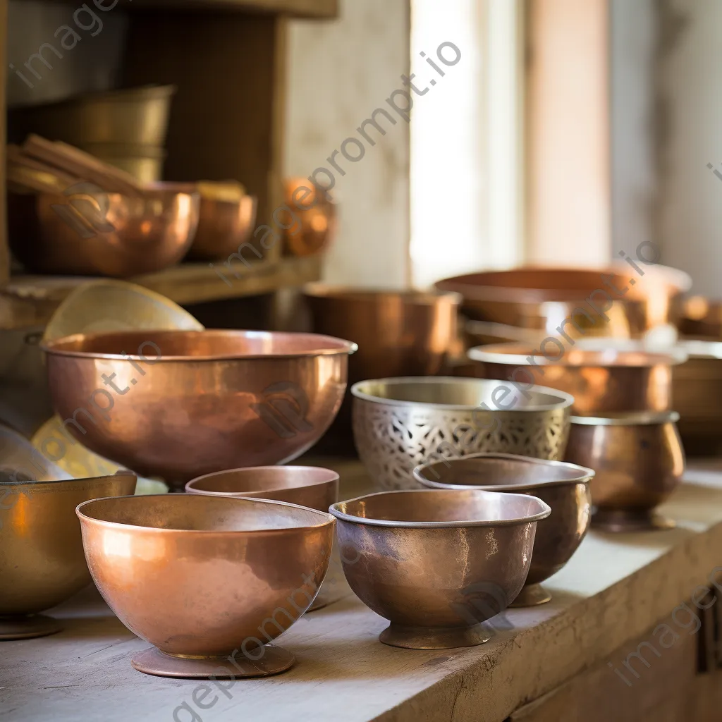 Arranged collection of traditional copper cookware in natural light - Image 2