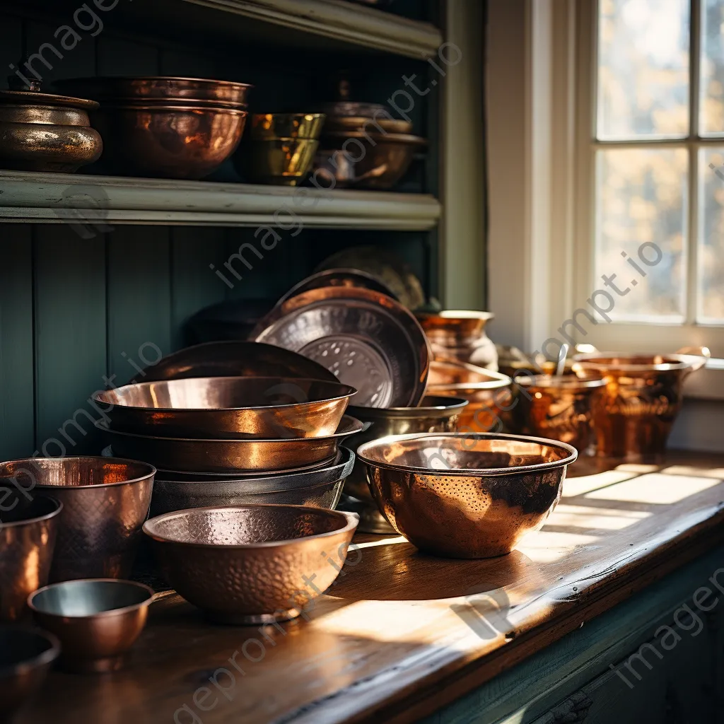 Arranged collection of traditional copper cookware in natural light - Image 3