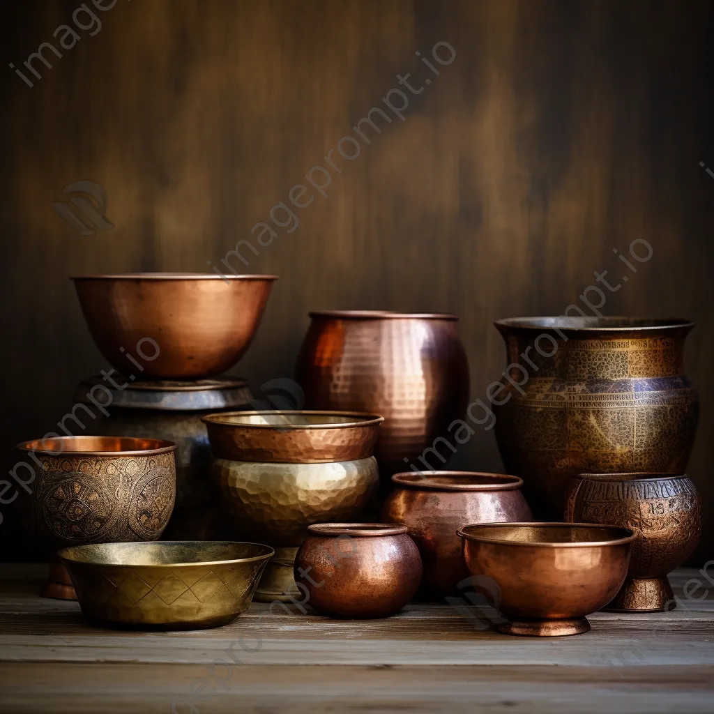 Arranged collection of traditional copper cookware in natural light - Image 4