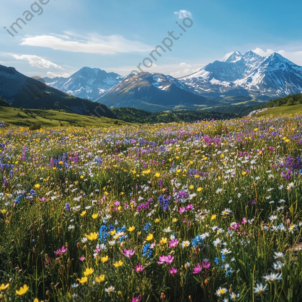 Aerial shot of a vibrant alpine meadow with colorful wildflowers and snow-capped mountains. - Image 1