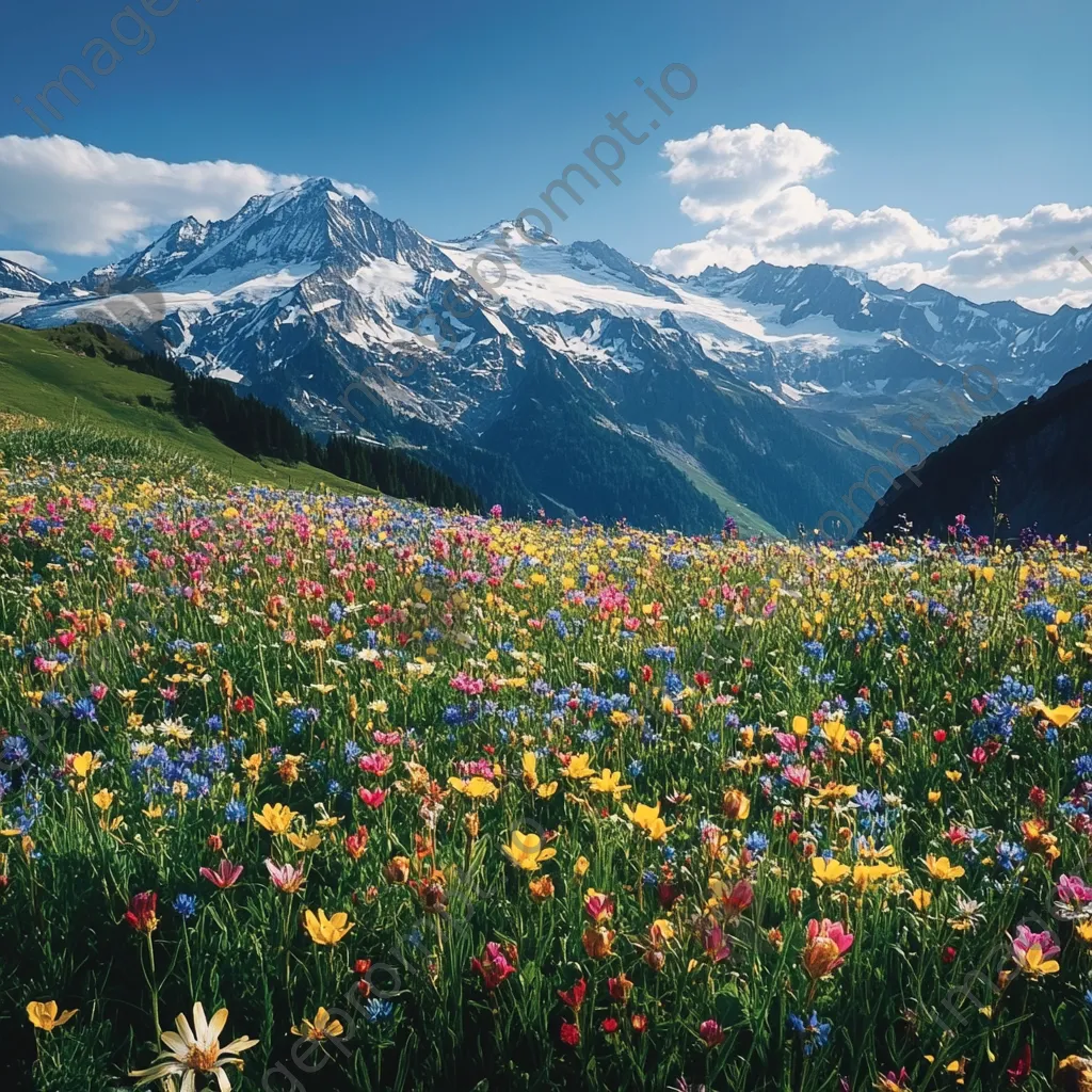 Aerial shot of a vibrant alpine meadow with colorful wildflowers and snow-capped mountains. - Image 2