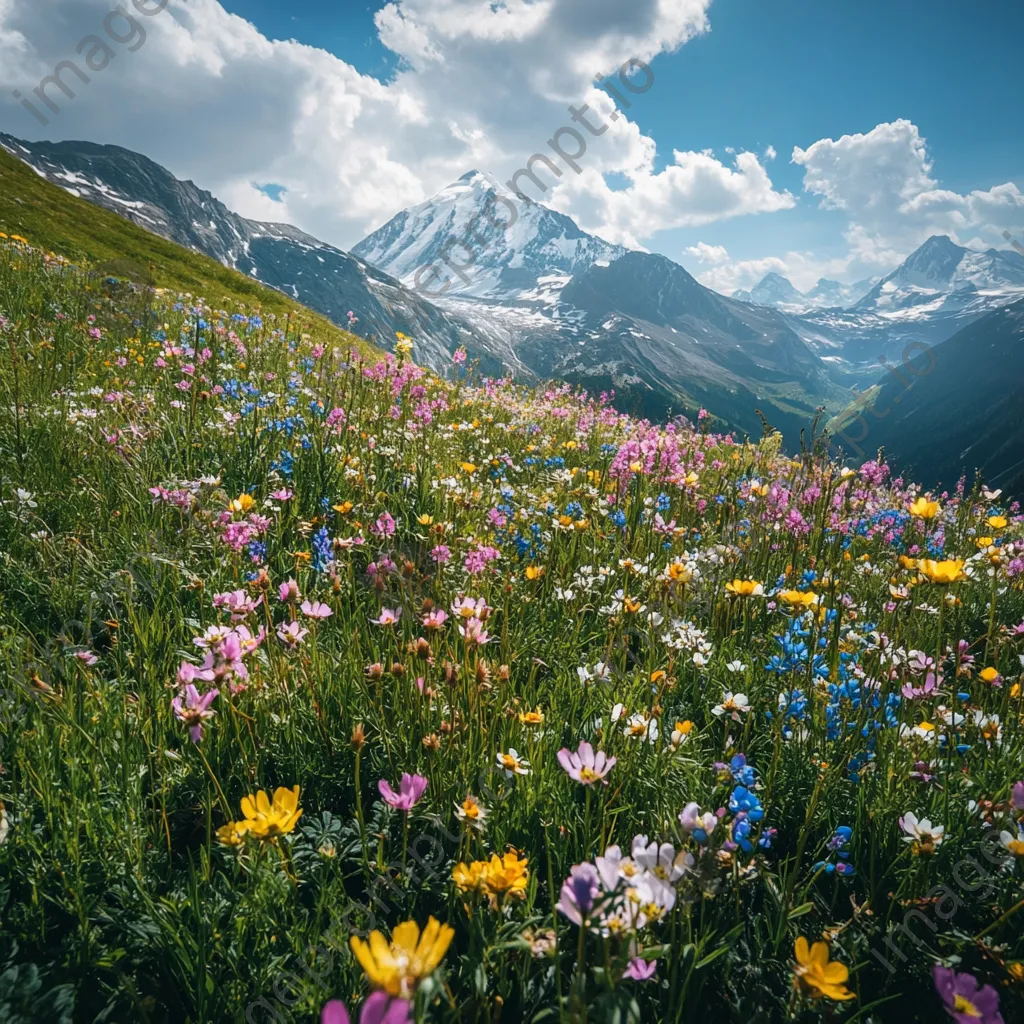 Aerial shot of a vibrant alpine meadow with colorful wildflowers and snow-capped mountains. - Image 3