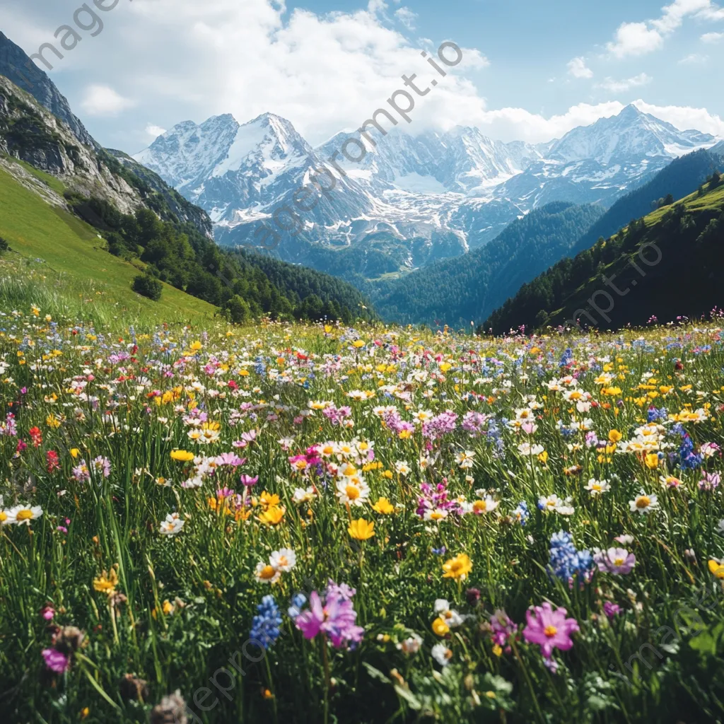 Aerial shot of a vibrant alpine meadow with colorful wildflowers and snow-capped mountains. - Image 4