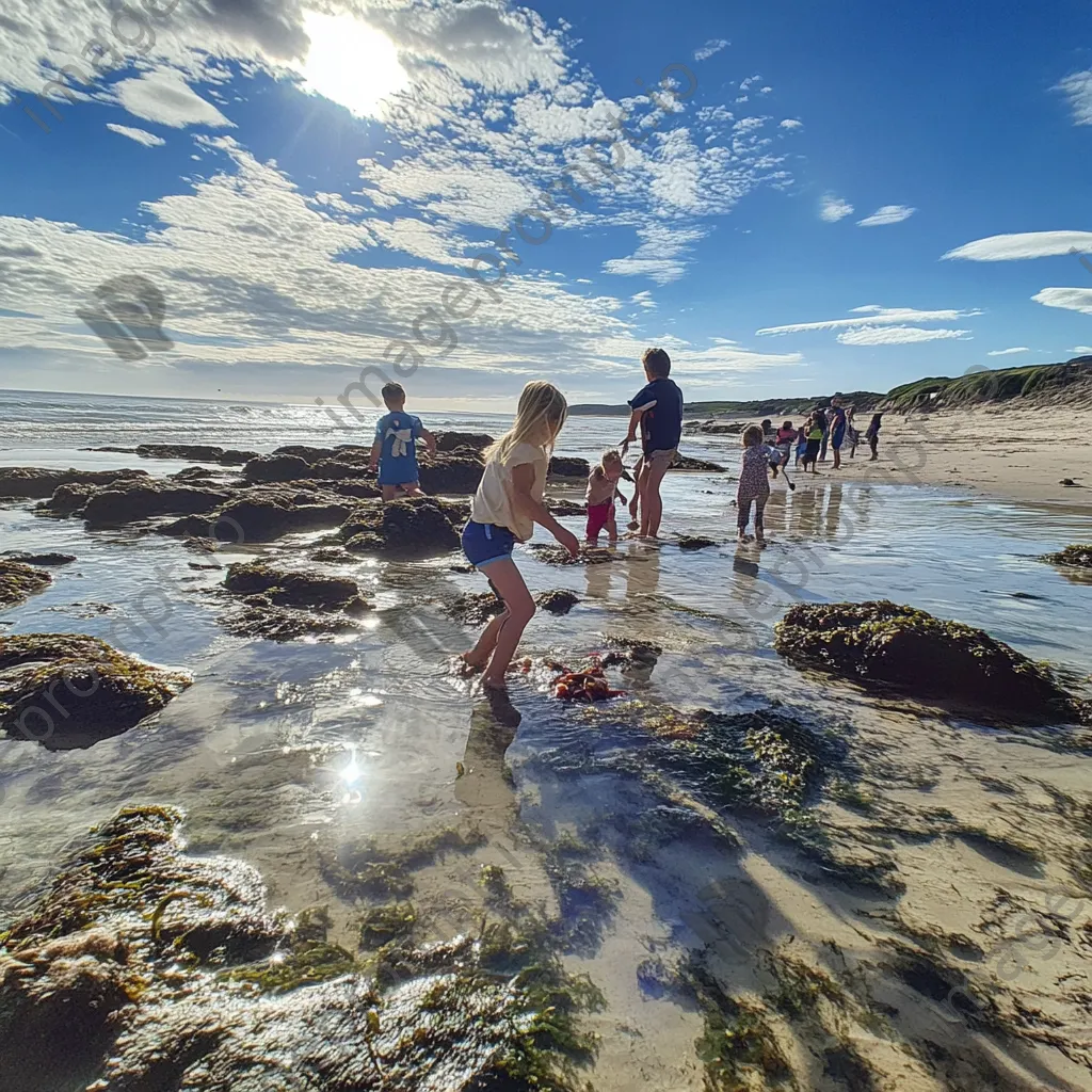 Children exploring rock pools discovering sea creatures - Image 2