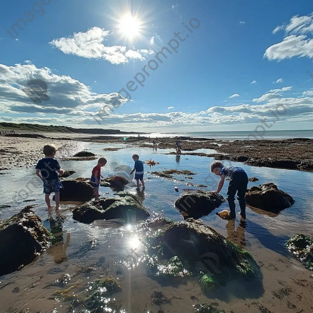 Children exploring rock pools discovering sea creatures - Image 3