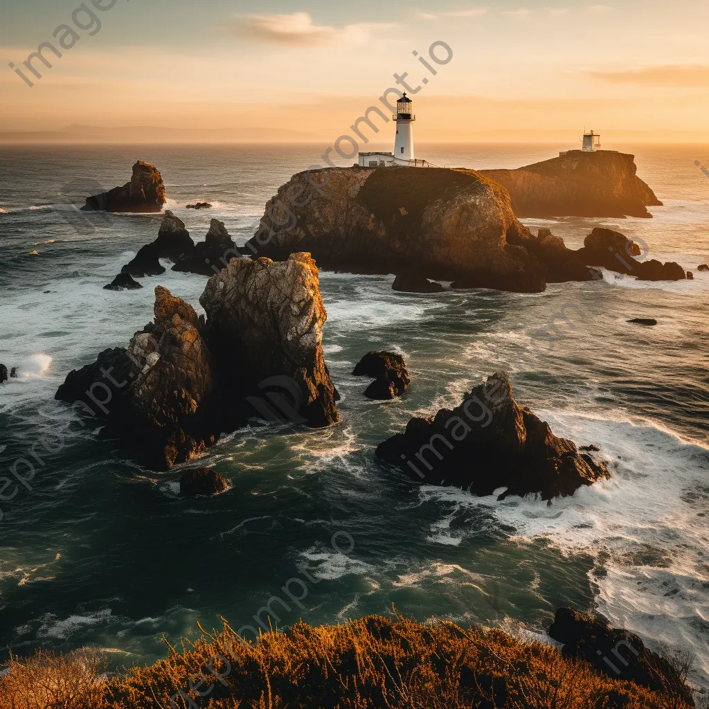 Lighthouse and coastal sea stacks at golden hour - Image 1