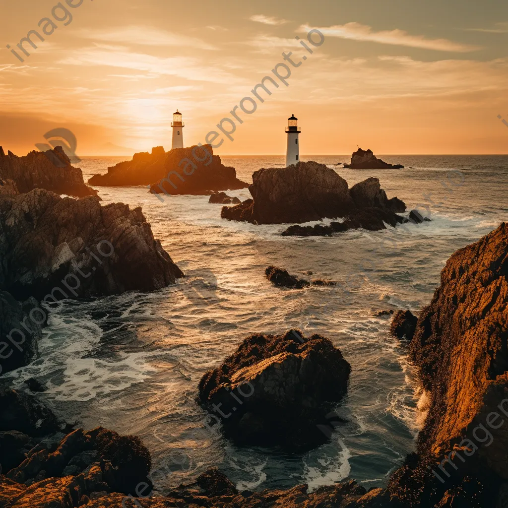 Lighthouse and coastal sea stacks at golden hour - Image 2