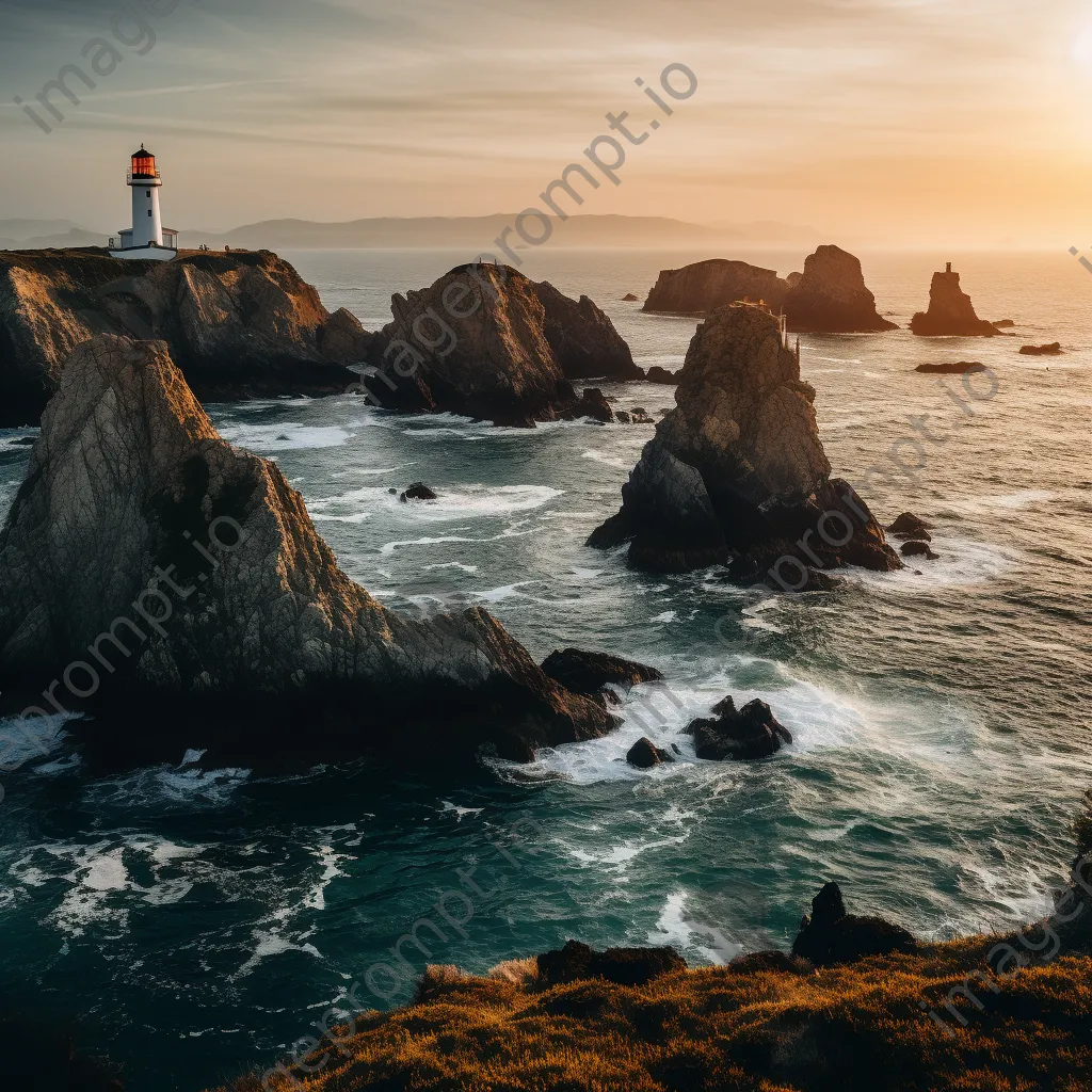 Lighthouse and coastal sea stacks at golden hour - Image 3