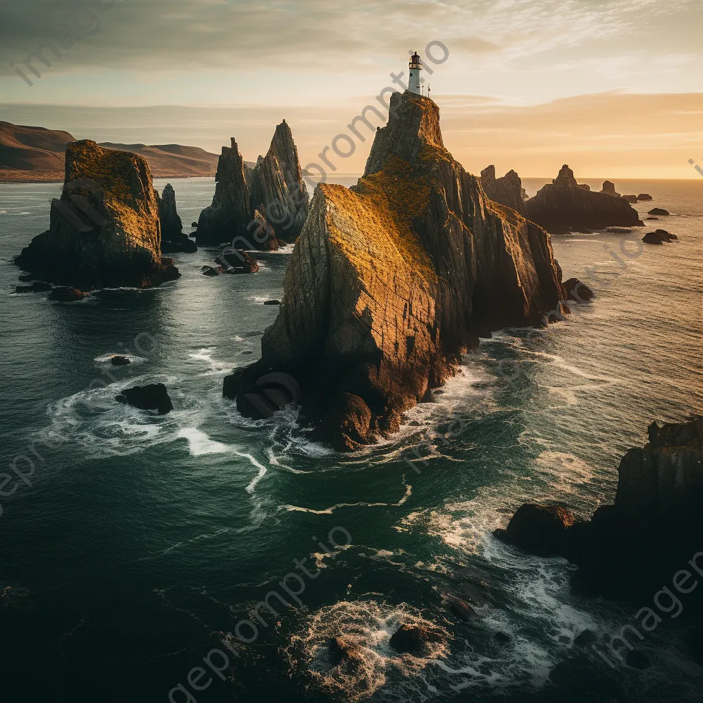 Lighthouse and coastal sea stacks at golden hour - Image 4