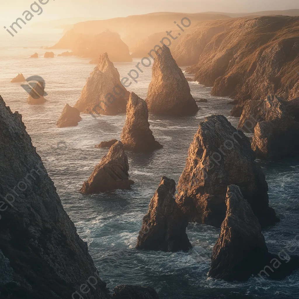 Coastal sea stacks illuminated by sunrise - Image 1