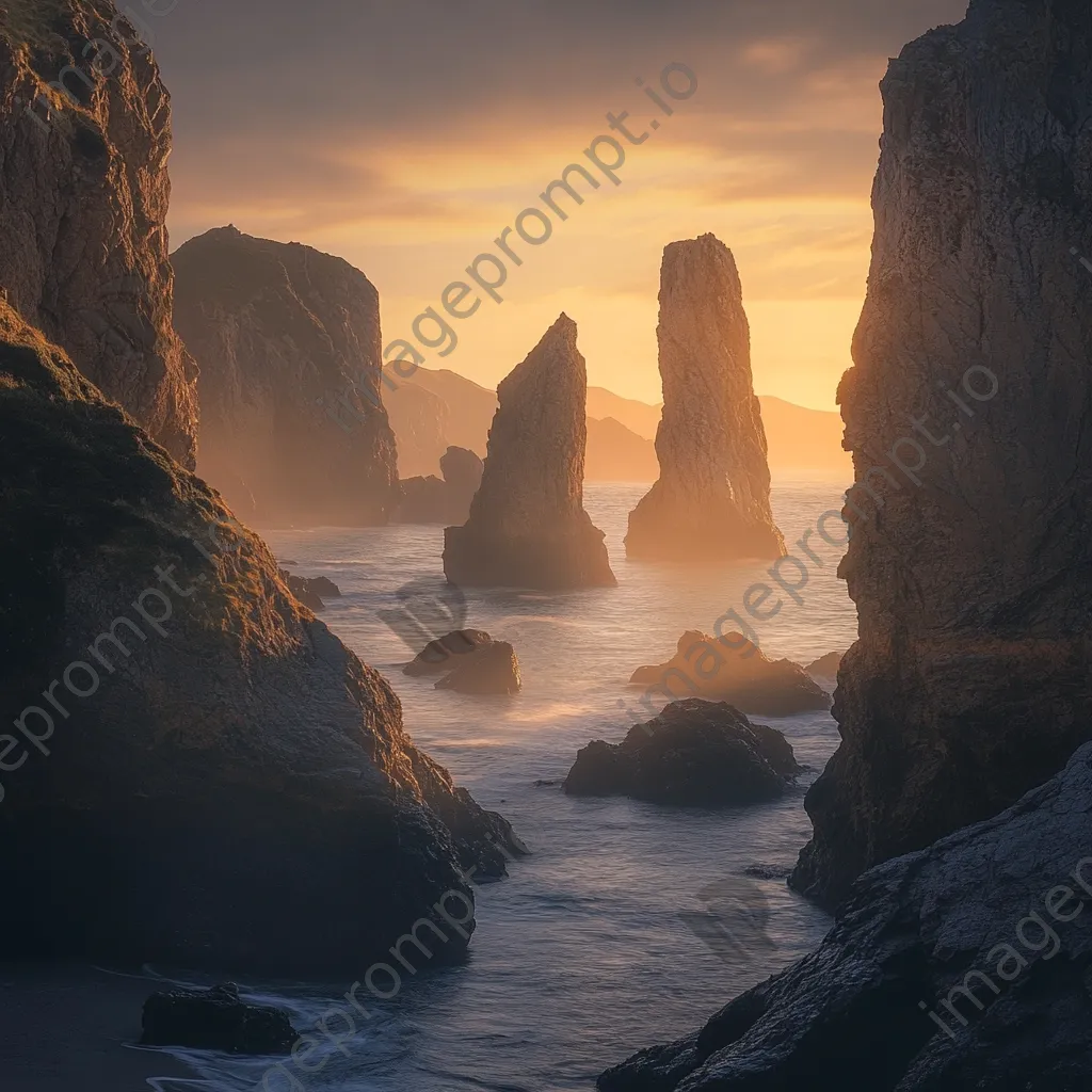 Coastal sea stacks illuminated by sunrise - Image 4