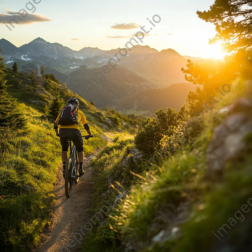 Mountain biker speeding along a narrow trail with scenic views under bright sunlight. - Image 1