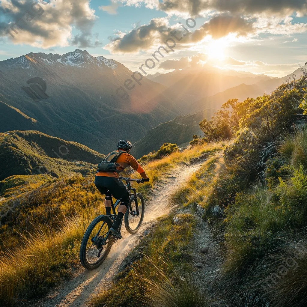 Mountain biker speeding along a narrow trail with scenic views under bright sunlight. - Image 2