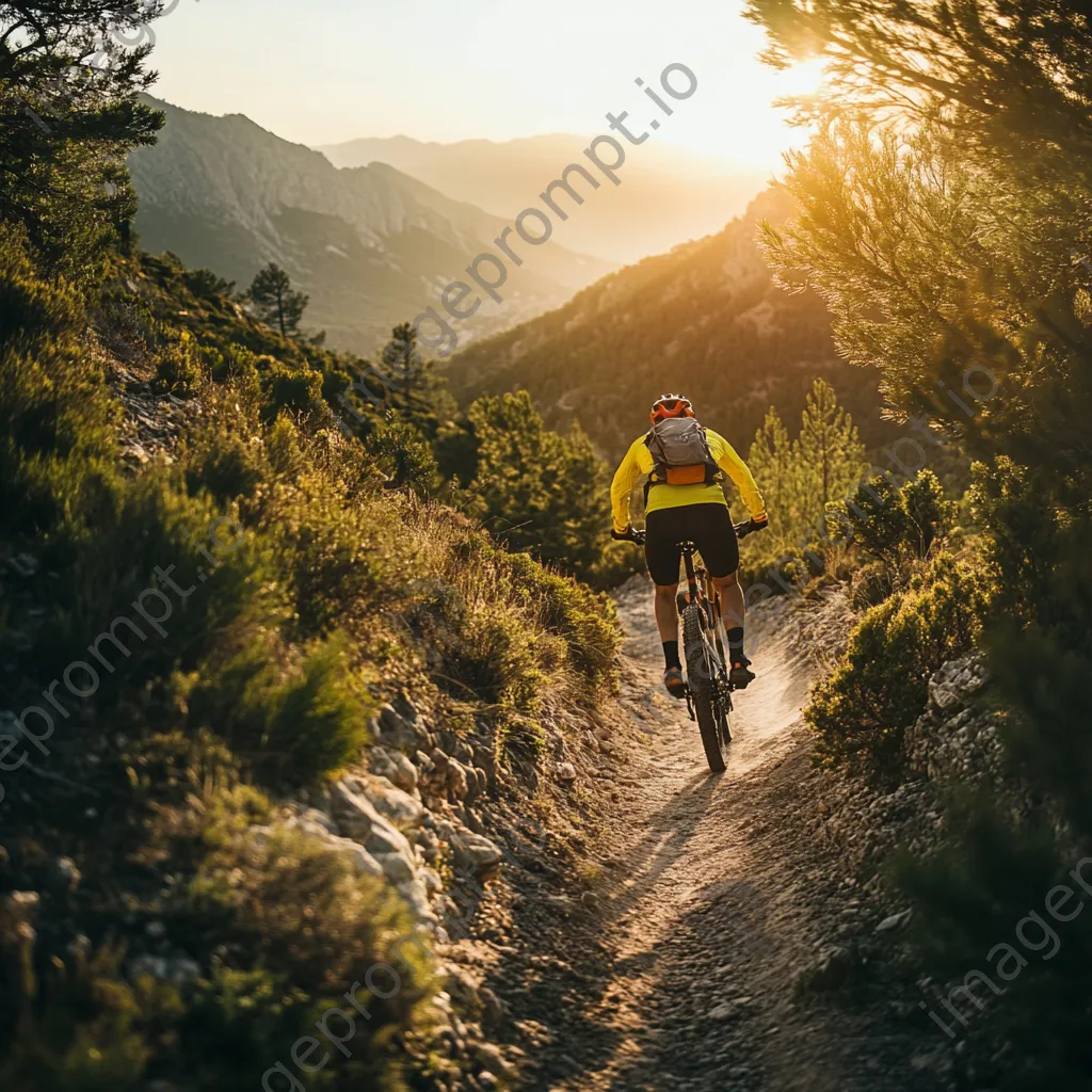 Mountain biker speeding along a narrow trail with scenic views under bright sunlight. - Image 3