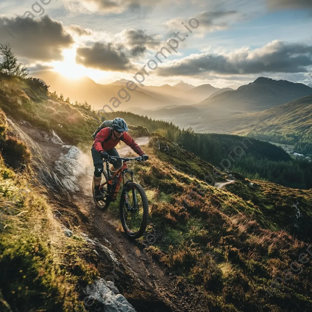 Mountain biker speeding along a narrow trail with scenic views under bright sunlight. - Image 4