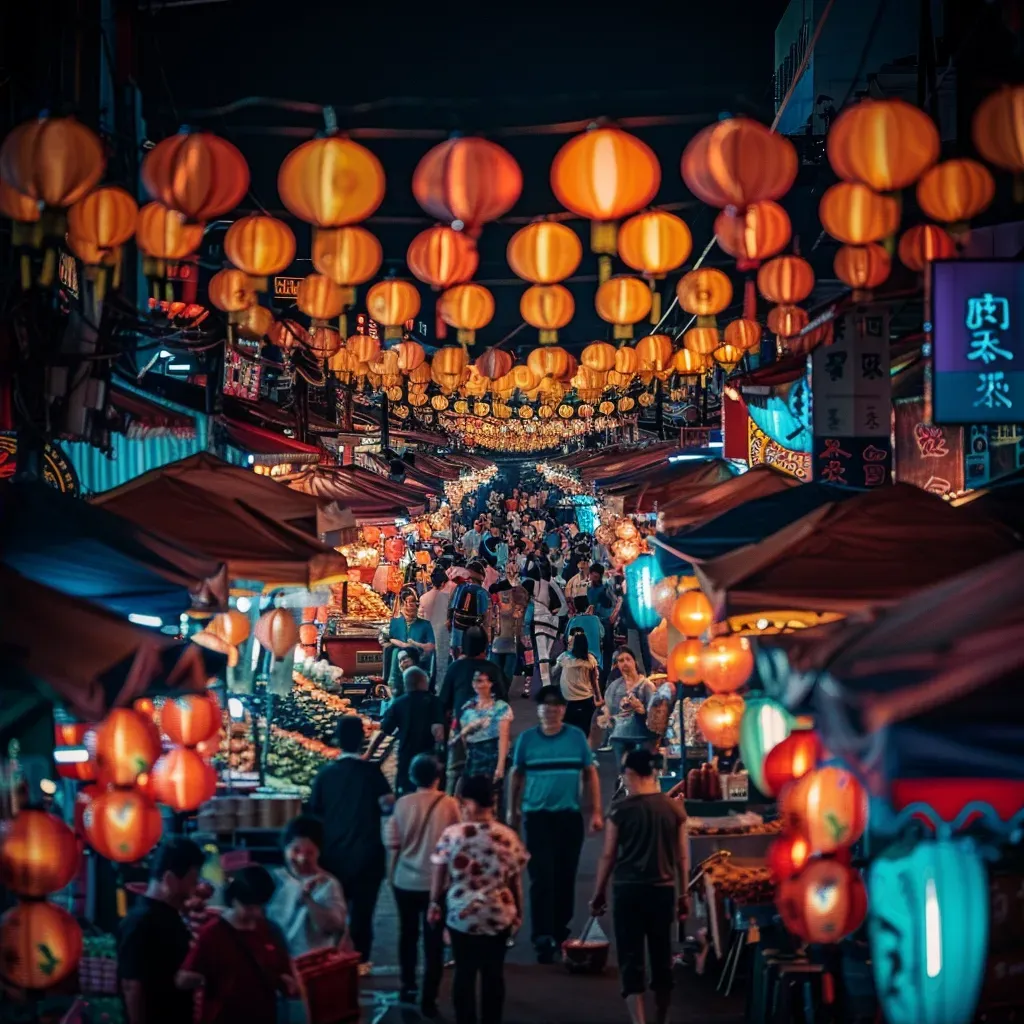 Bustling urban night market with colorful stalls and vibrant crowds - Image 2