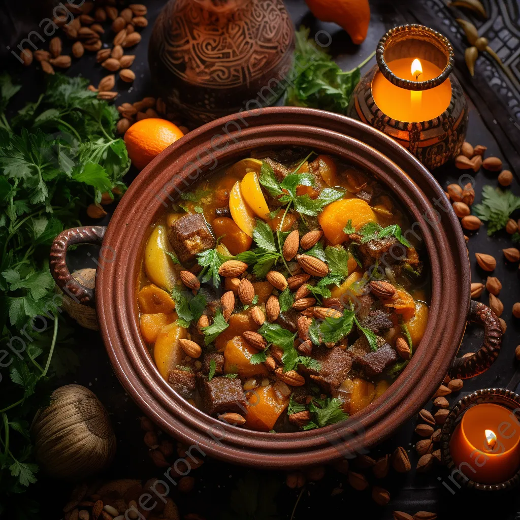 Overhead view of Moroccan tagine with lamb, apricots, and almonds - Image 1