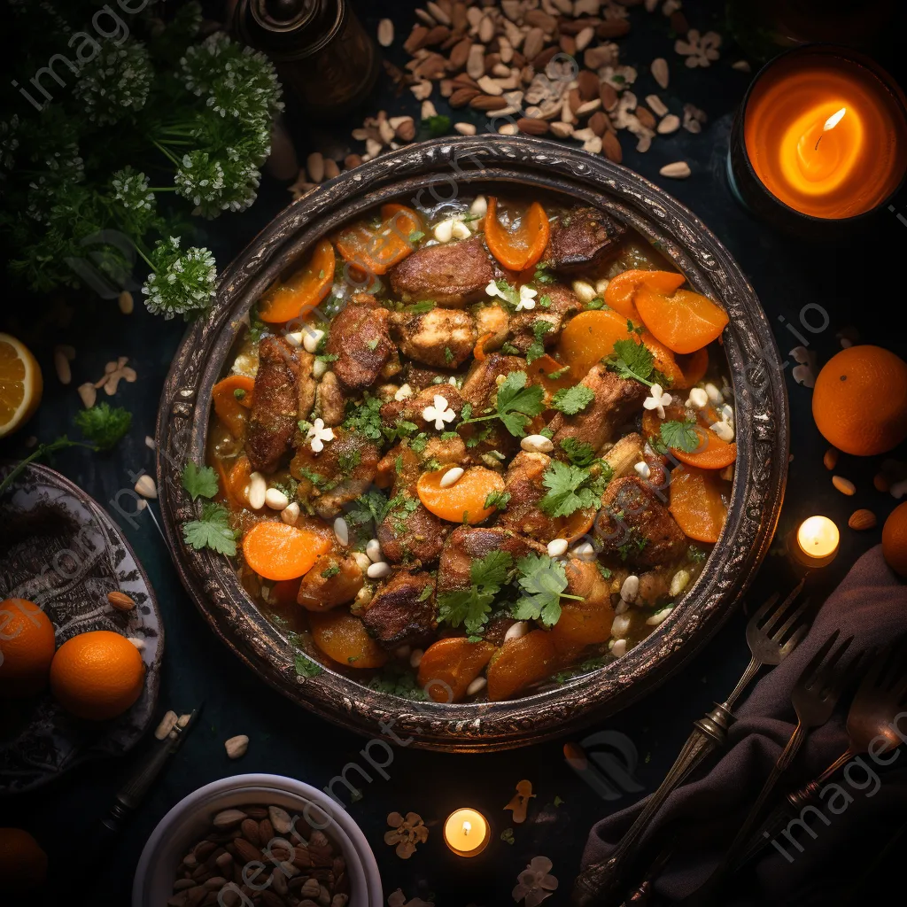 Overhead view of Moroccan tagine with lamb, apricots, and almonds - Image 2