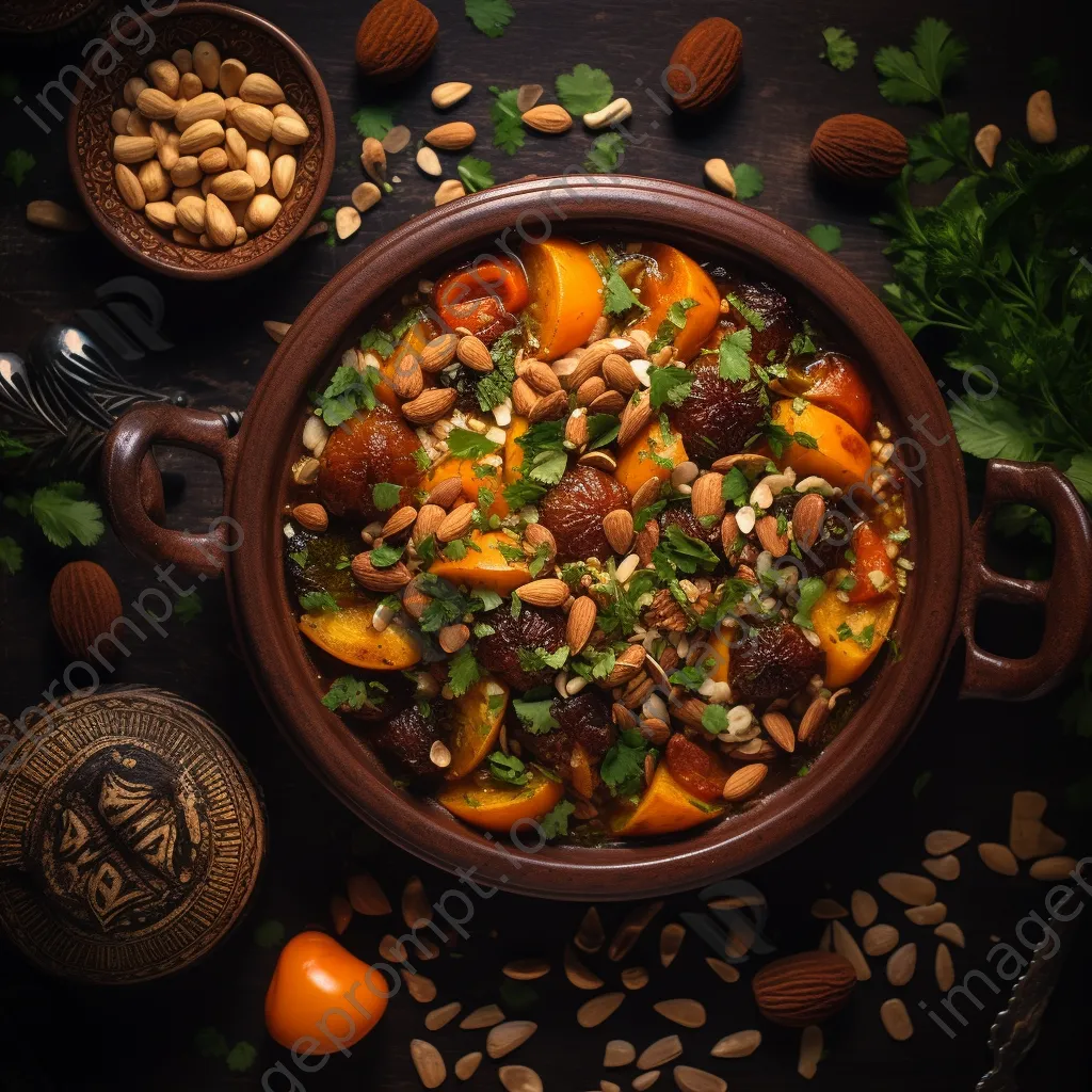 Overhead view of Moroccan tagine with lamb, apricots, and almonds - Image 3