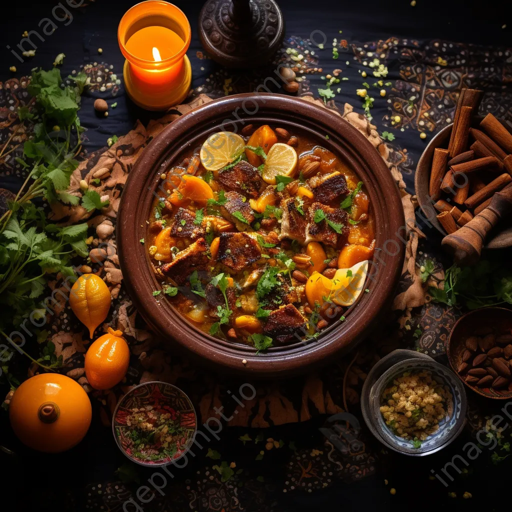 Overhead view of Moroccan tagine with lamb, apricots, and almonds - Image 4