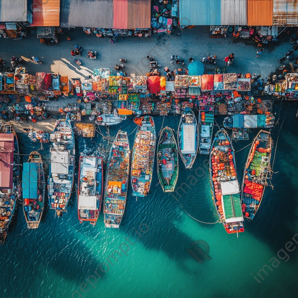 Aerial shot of a busy fishing port with colorful boats and market activity. - Image 2