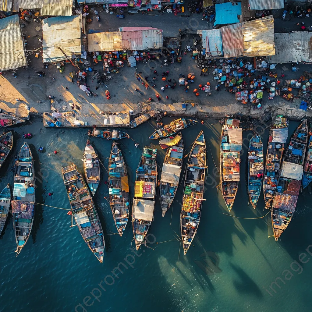 Aerial shot of a busy fishing port with colorful boats and market activity. - Image 3