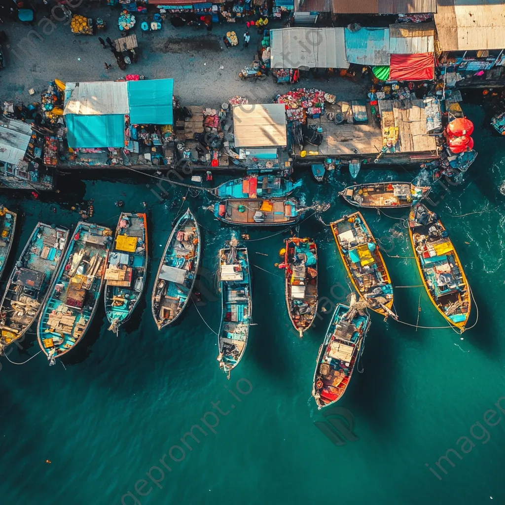 Aerial shot of a busy fishing port with colorful boats and market activity. - Image 4