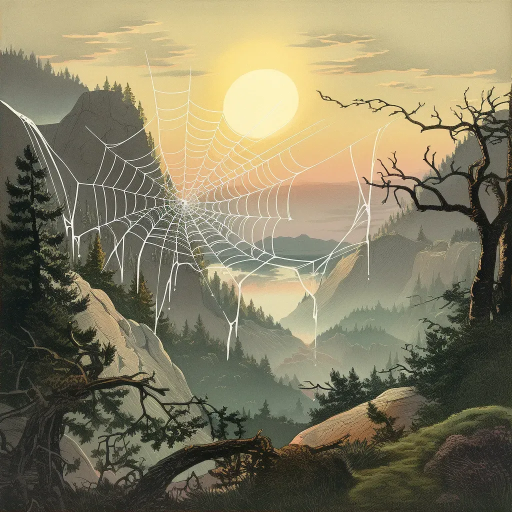 Misty mountain valley at sunrise with glistening spider webs - Image 2