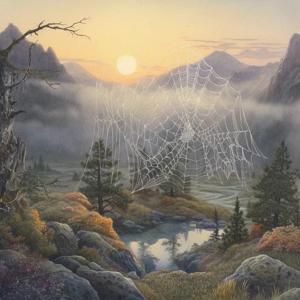 Misty mountain valley at sunrise with glistening spider webs - Image 3