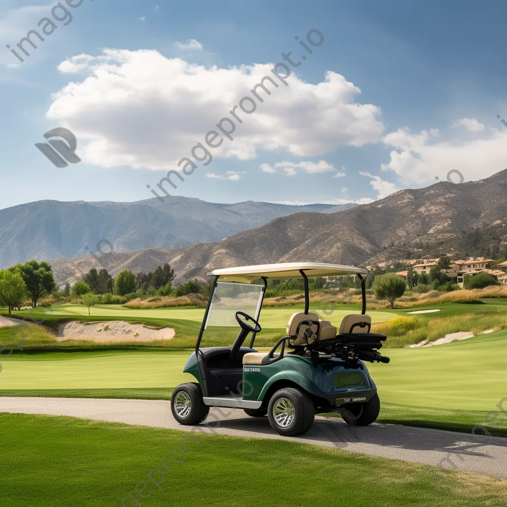 Luxury golf cart on a green with mountain range background - Image 1