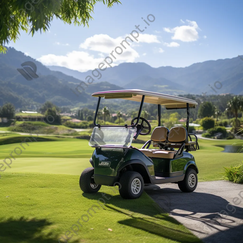 Luxury golf cart on a green with mountain range background - Image 2