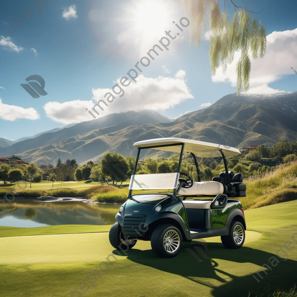 Luxury golf cart on a green with mountain range background - Image 3