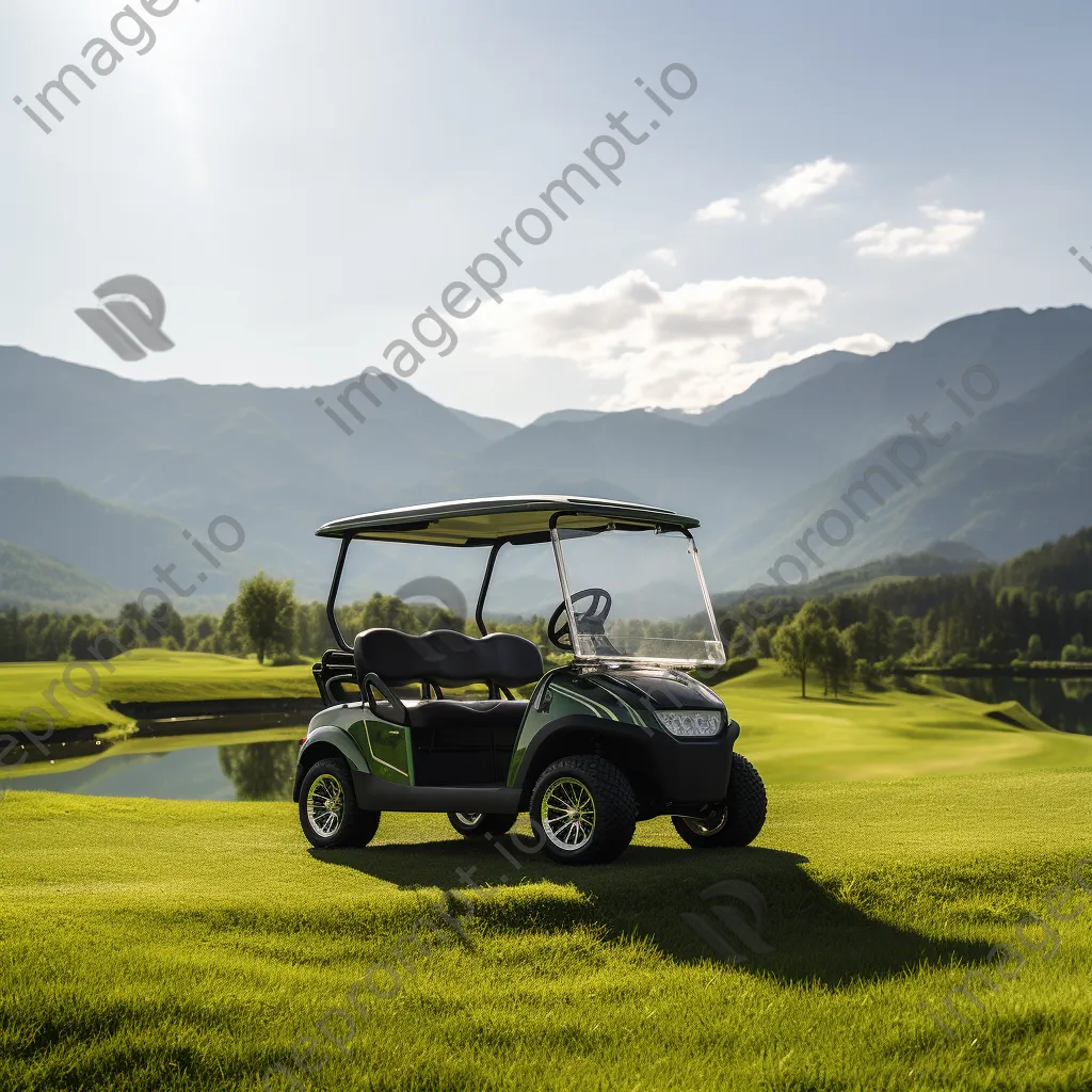 Luxury golf cart on a green with mountain range background - Image 4