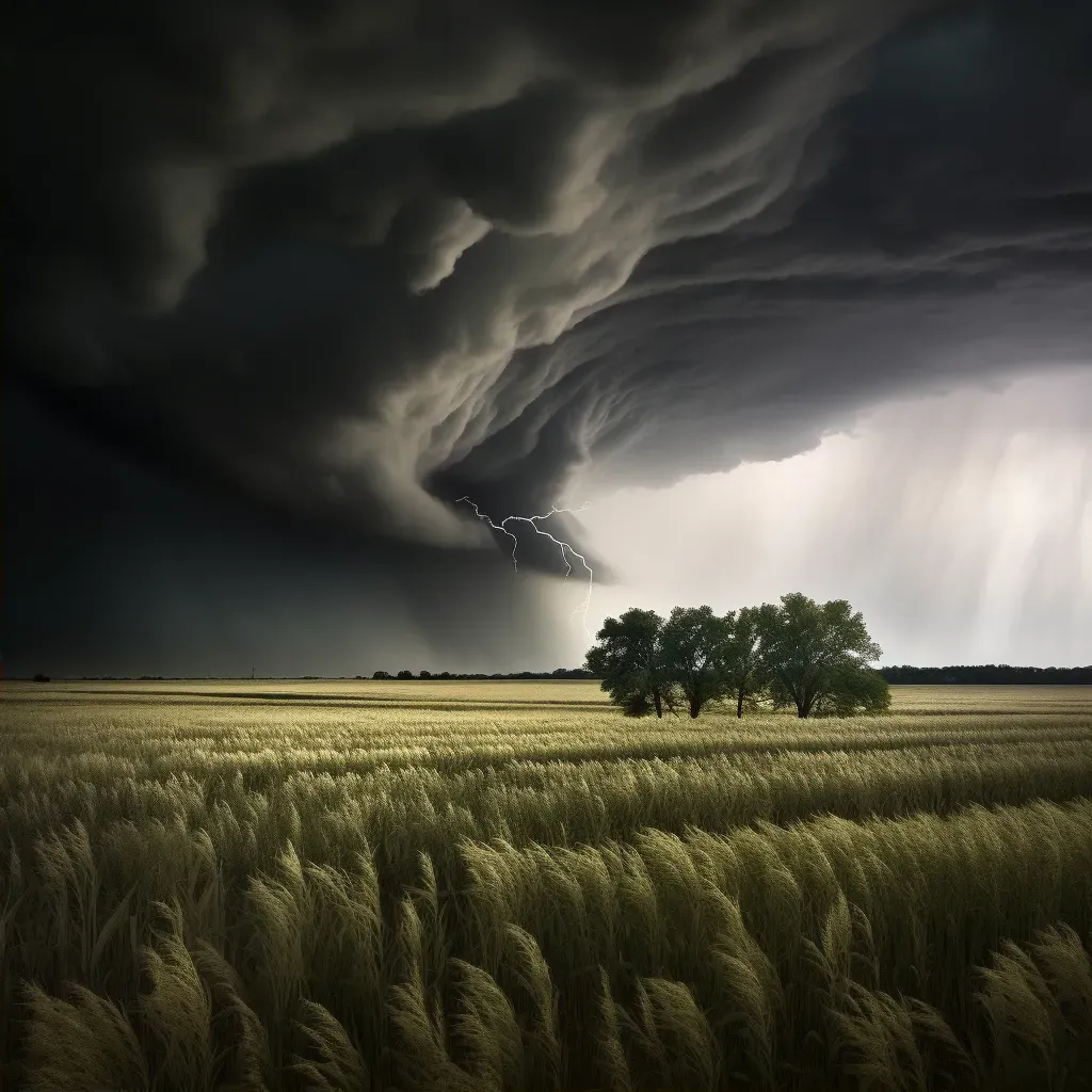 Illustration of a tornado swirling in a wheat field with dark storm clouds overhead. - Image 2