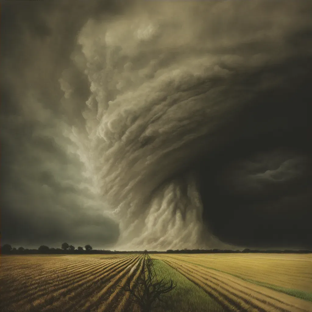 Illustration of a tornado swirling in a wheat field with dark storm clouds overhead. - Image 4