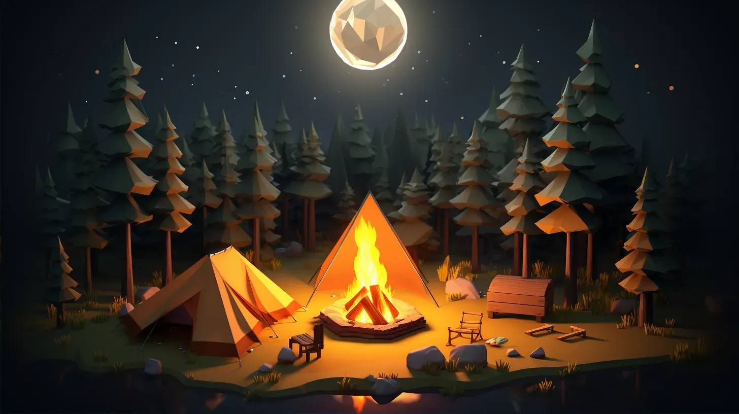 Isometric view of a low poly wilderness camping scene under a star-filled sky - Image 2