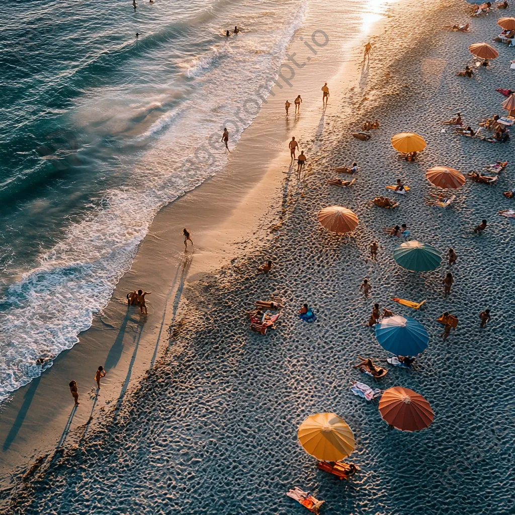 Families enjoying a vibrant sunset beach scene with colorful beach umbrellas and gentle waves. - Image 1