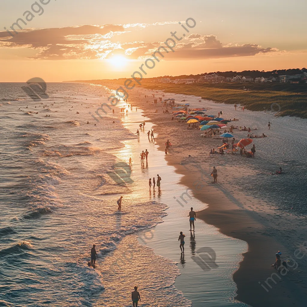 Families enjoying a vibrant sunset beach scene with colorful beach umbrellas and gentle waves. - Image 2