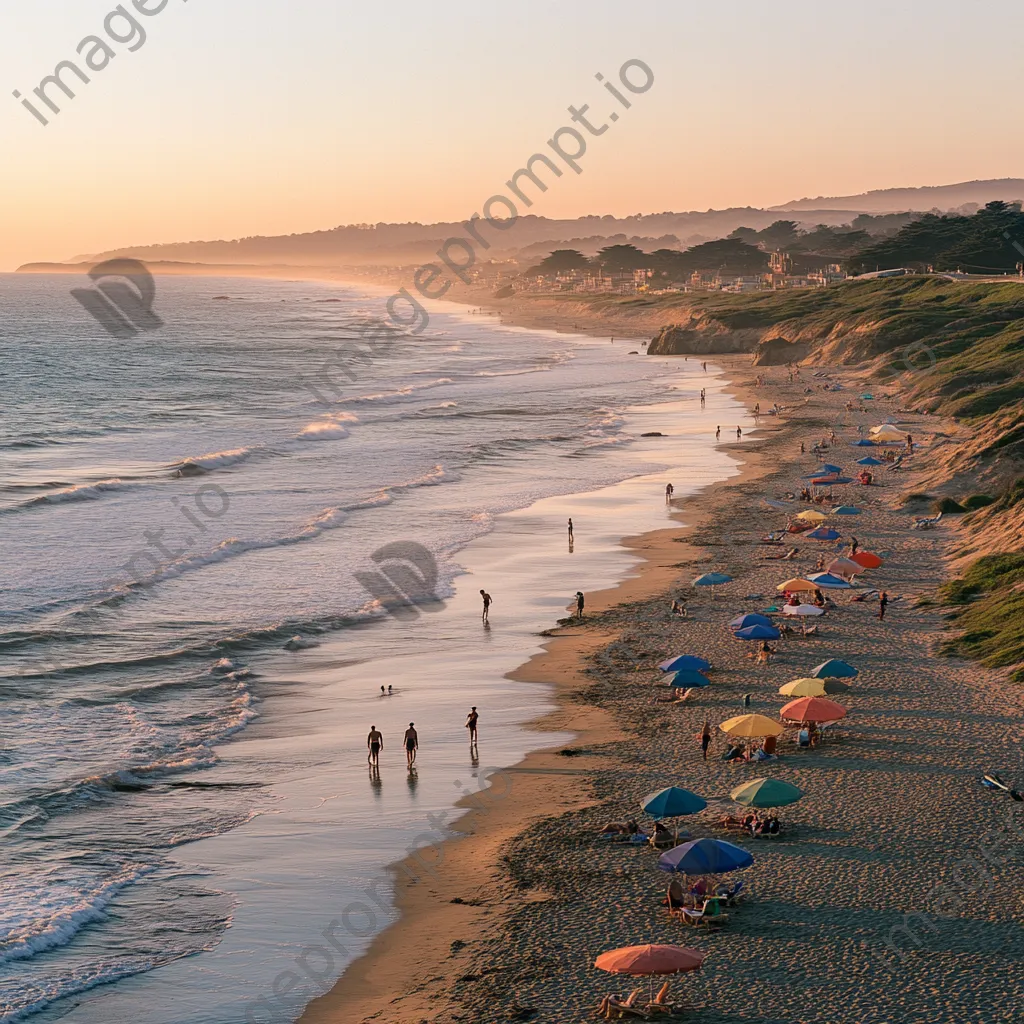 Families enjoying a vibrant sunset beach scene with colorful beach umbrellas and gentle waves. - Image 3