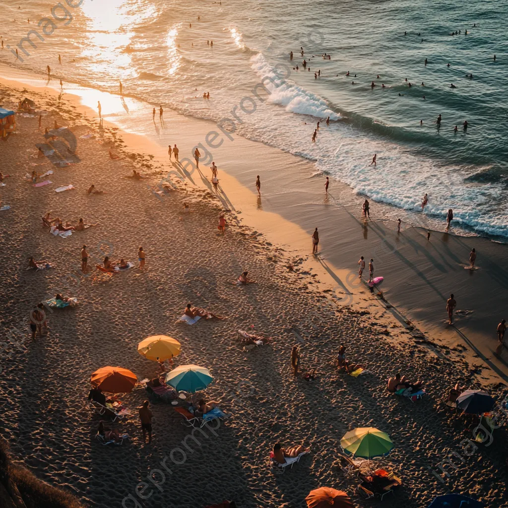 Families enjoying a vibrant sunset beach scene with colorful beach umbrellas and gentle waves. - Image 4