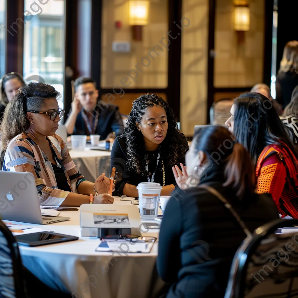 Diverse professionals seated at a round table in a conference session - Image 1