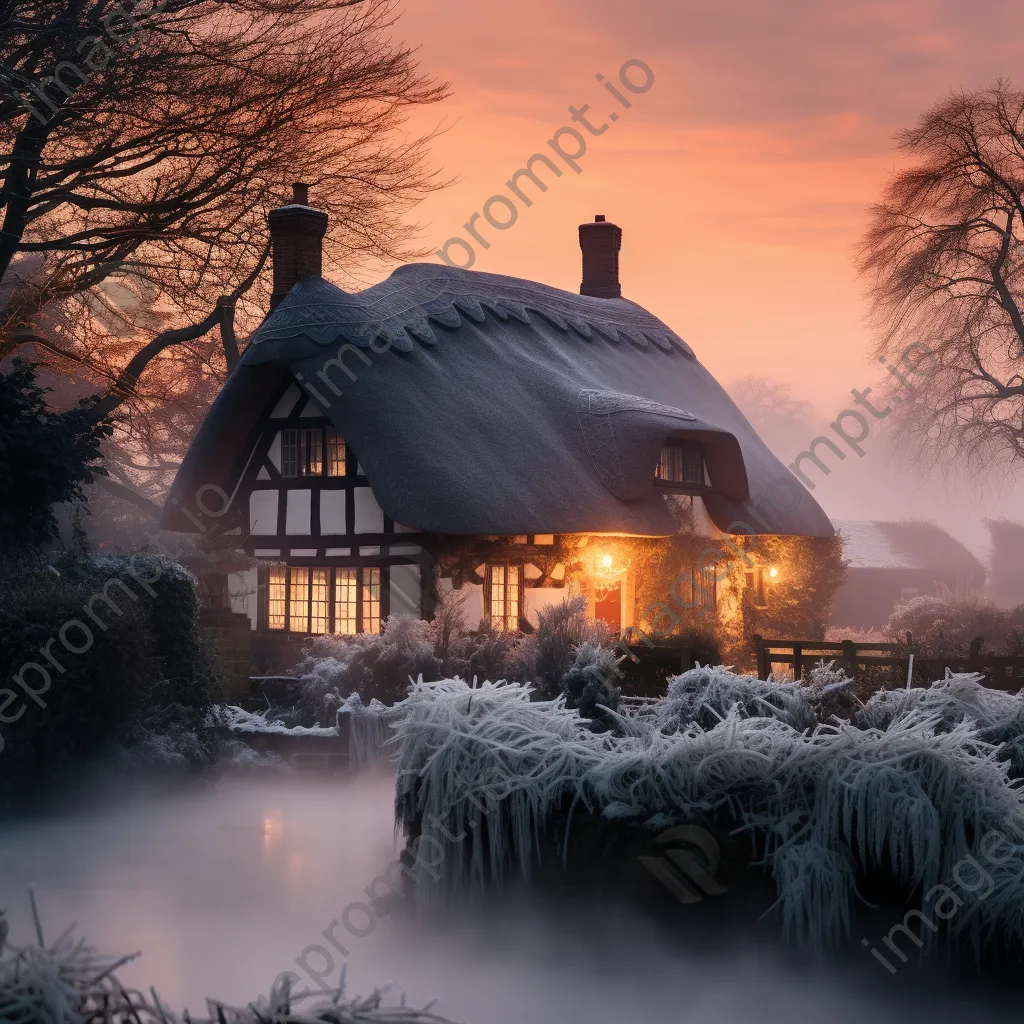 Cozy thatched roof cottage surrounded by snow at dusk - Image 1