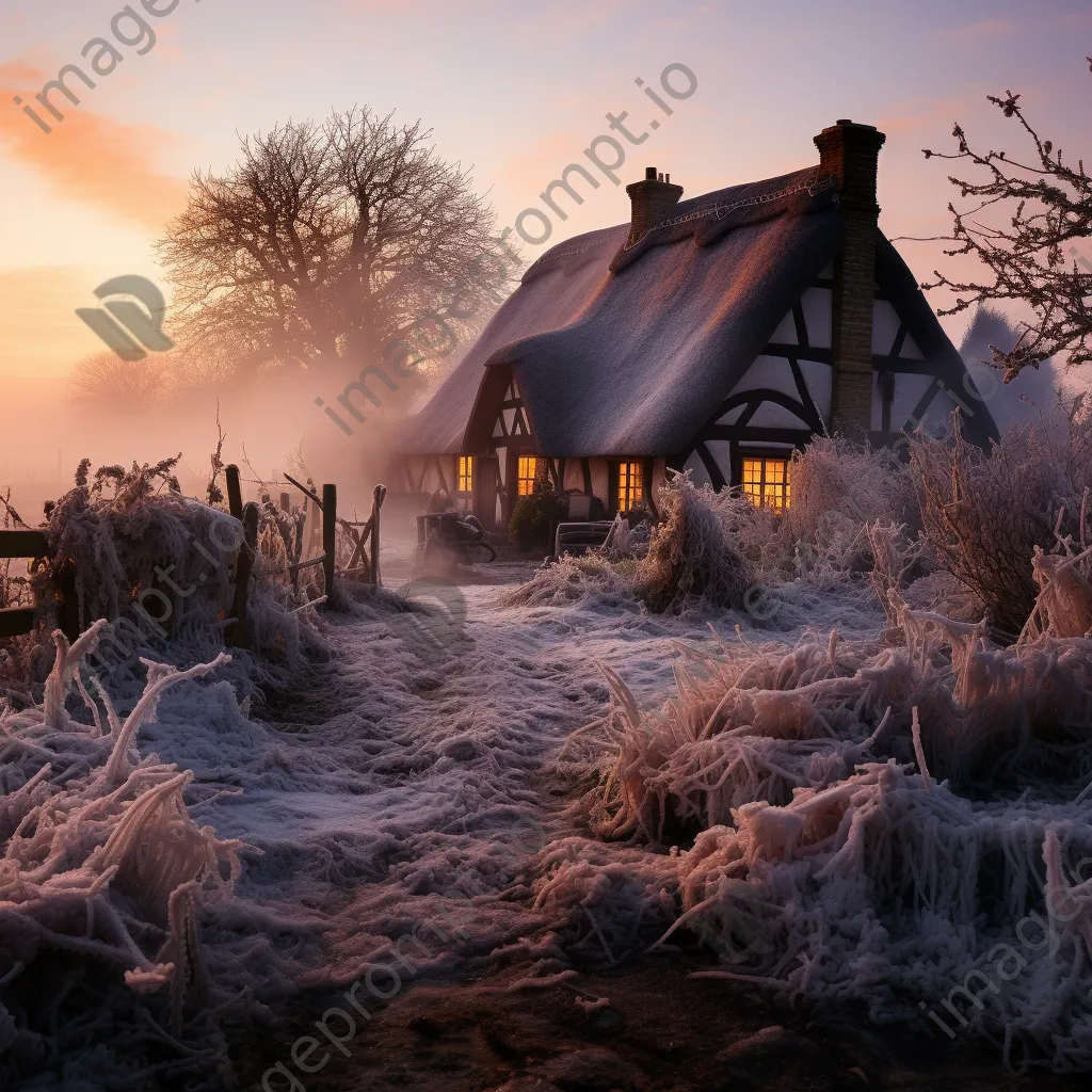 Cozy thatched roof cottage surrounded by snow at dusk - Image 2