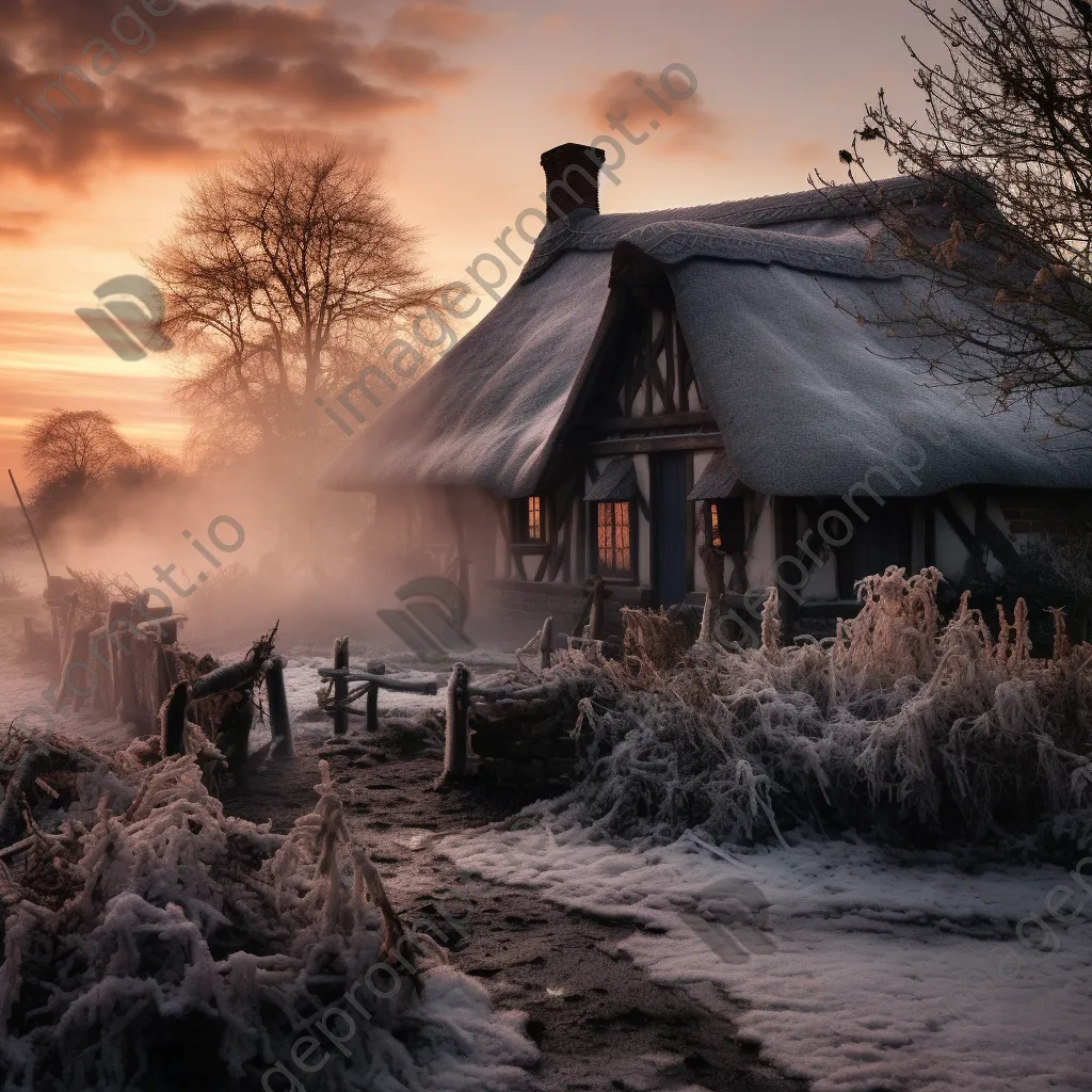 Cozy thatched roof cottage surrounded by snow at dusk - Image 3