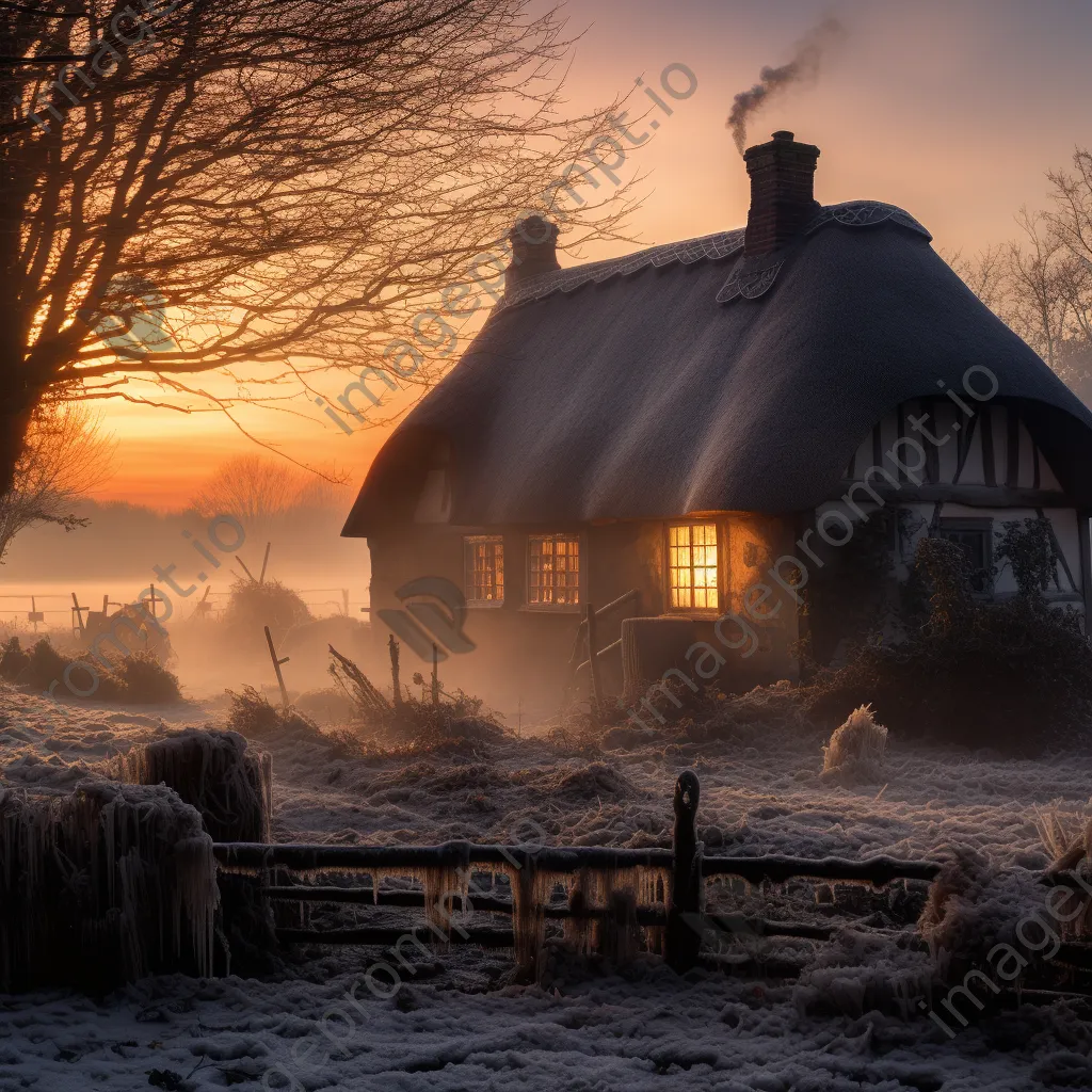Cozy thatched roof cottage surrounded by snow at dusk - Image 4